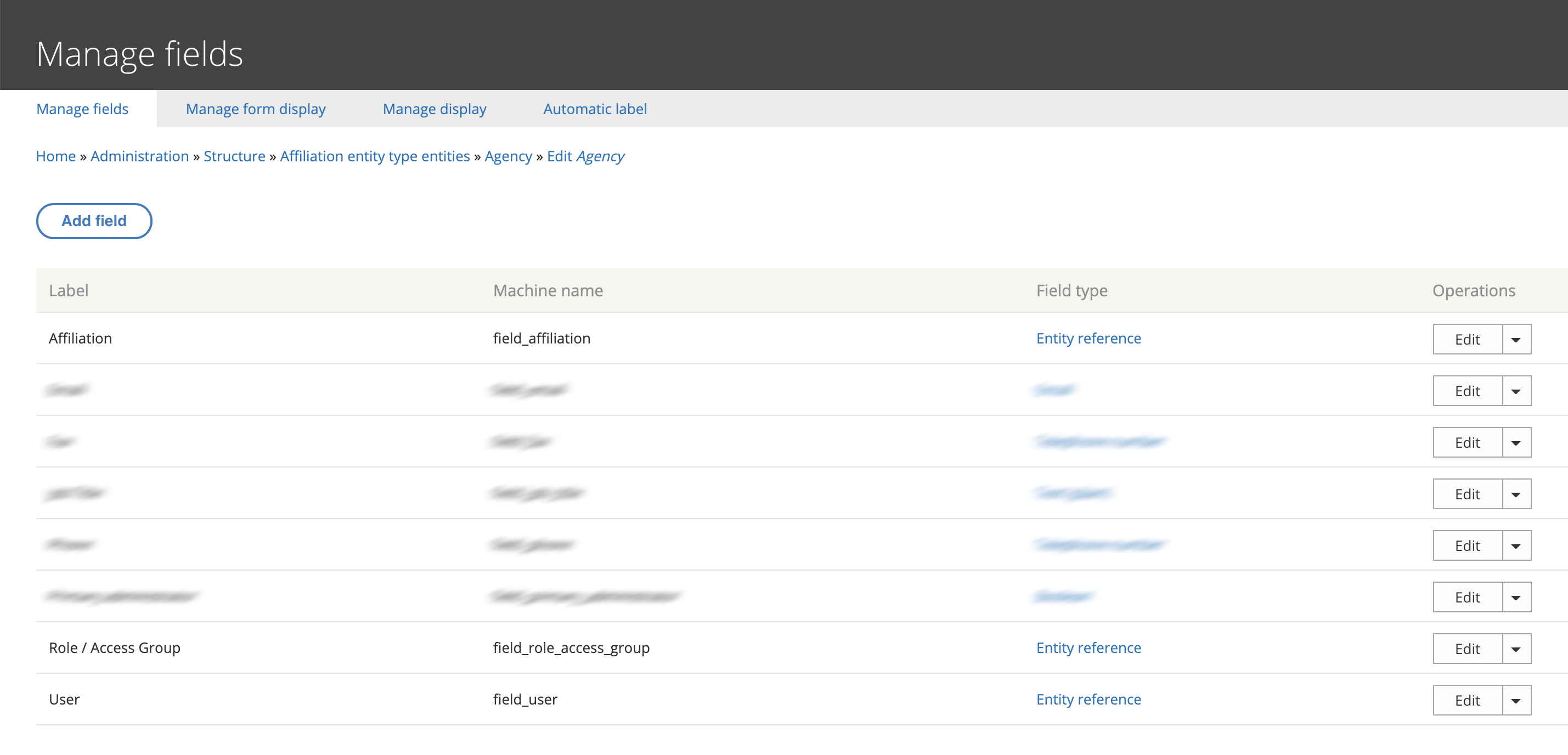 Custom affiliation entity field configuration screen, Drupal 8